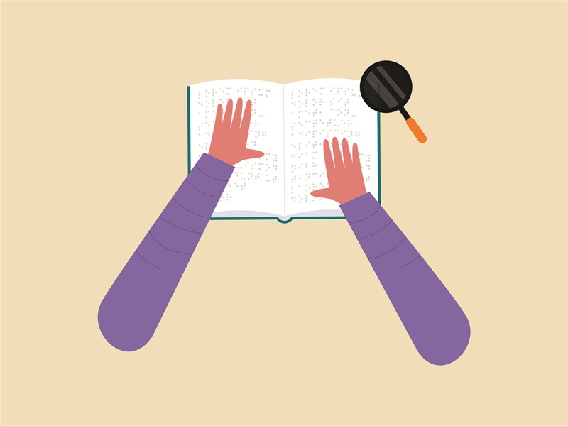 Braille learning and printing materials — hands reading Braille text